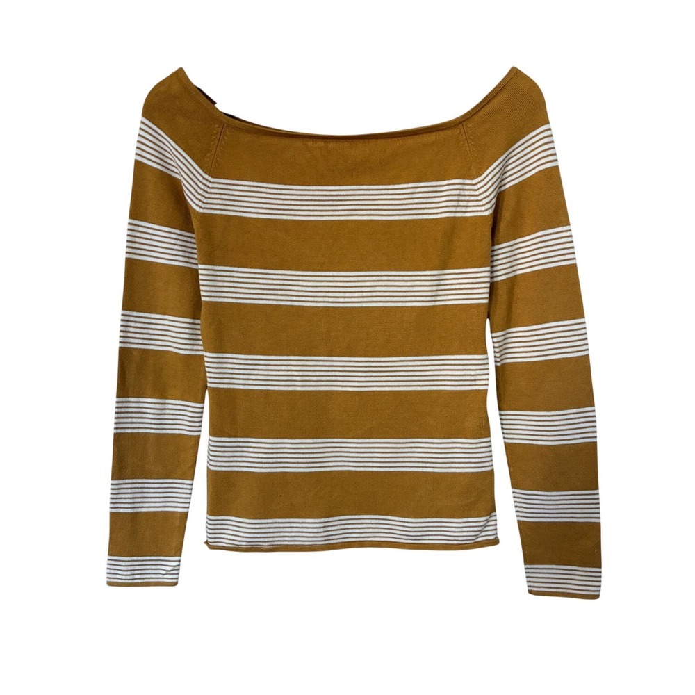 HM Mustard Yellow White Striped Boat Neck Knit Sweater Long Sleeve Mustard M
